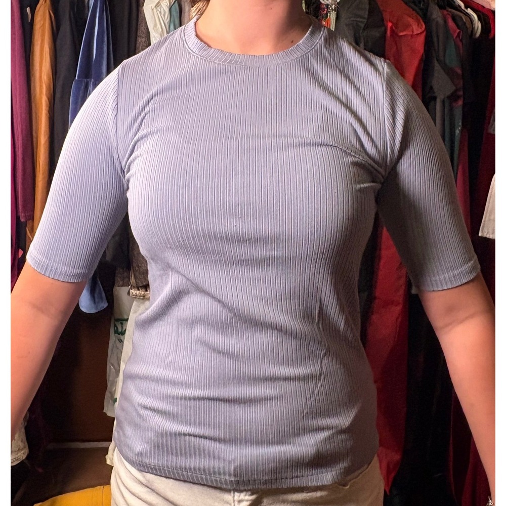 Splendid Ribbed Knit Top Womens Small Blue Excellent Elbow Sleeve Crew Neck
